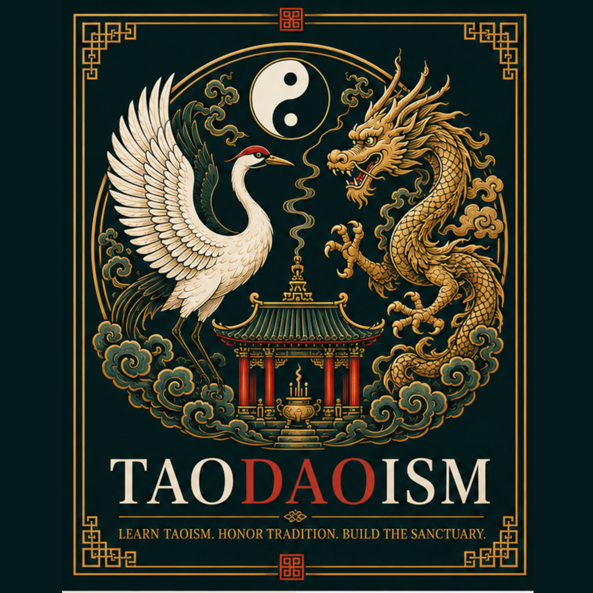 TaoDaoism emblem with crane, dragon, taiji, and temple